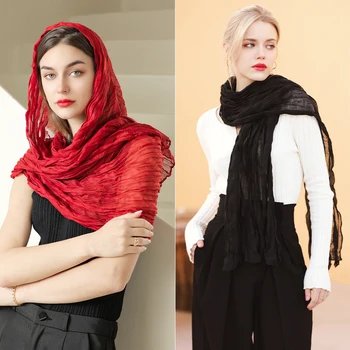 2022 Uus Õhuke Plisseeritud Naiste Hijab Sall Plain Värvi Voodipesu Headscarf Daamid Salli Wrap Headwrap Pehme Soe Sallid Pea