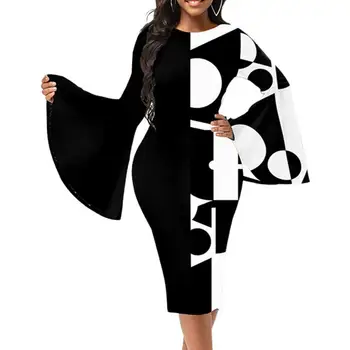 Naiste Kleit Uus Vintage Suur Pilu, Põletatud Varrukad Geomeetriline Prindi Midi Kleit Juhuslik Elegantne O-Kaeluse Bodycon Kleit Igapäevaseks Kanda